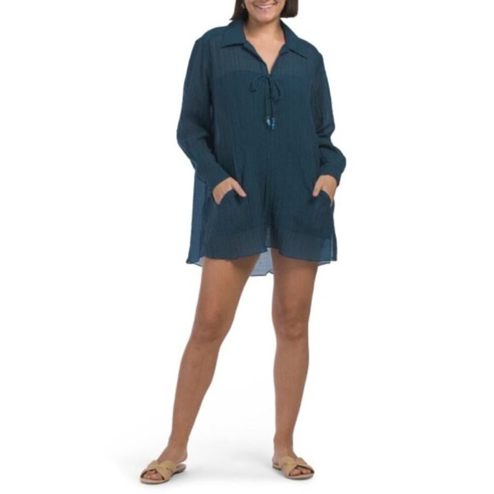 Cinq a Sept Teal Crinkle Gauze Tunic Shirt Dress Lace Up Pockets L Laguna‎